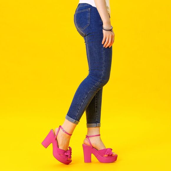 Women's Platform Pleated Bow Slingback Block High Heel Sandals Hot Pink - Picture 4 of 6